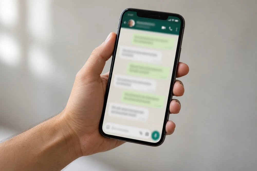 Mão segurando um celular com uma conversa aberta no WhatsApp.