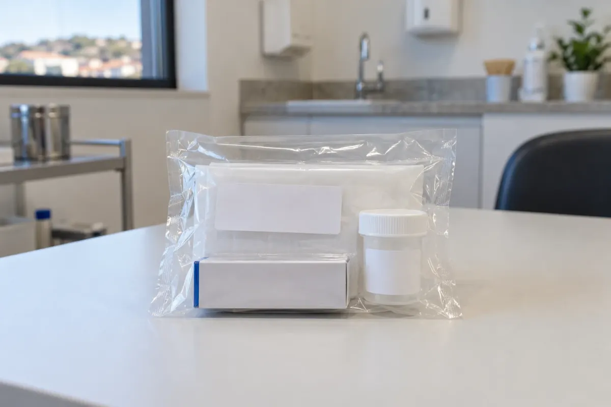 Kit de coleta lacrado em embalagem plástica sobre uma mesa de atendimento.