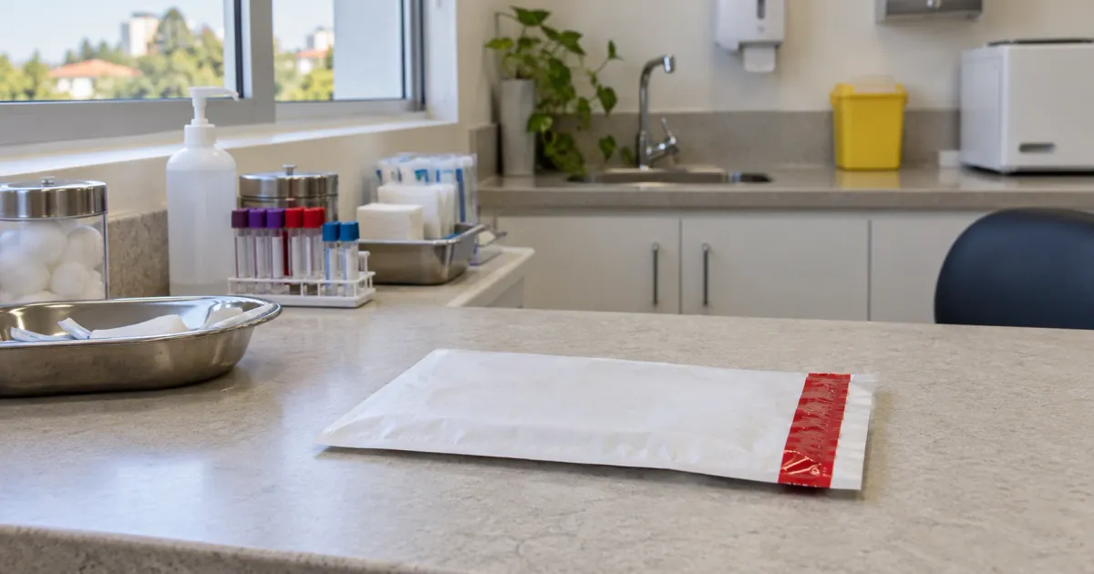 Sala de coleta da Clínica Já no Centro do Barreiro, com envelope de amostra para exame toxicológico.