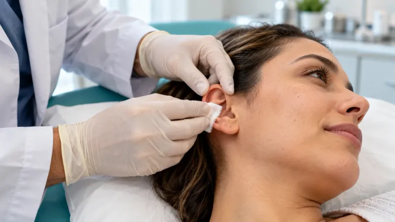 Profissional de saúde cuidando do ouvido de uma paciente em consultório