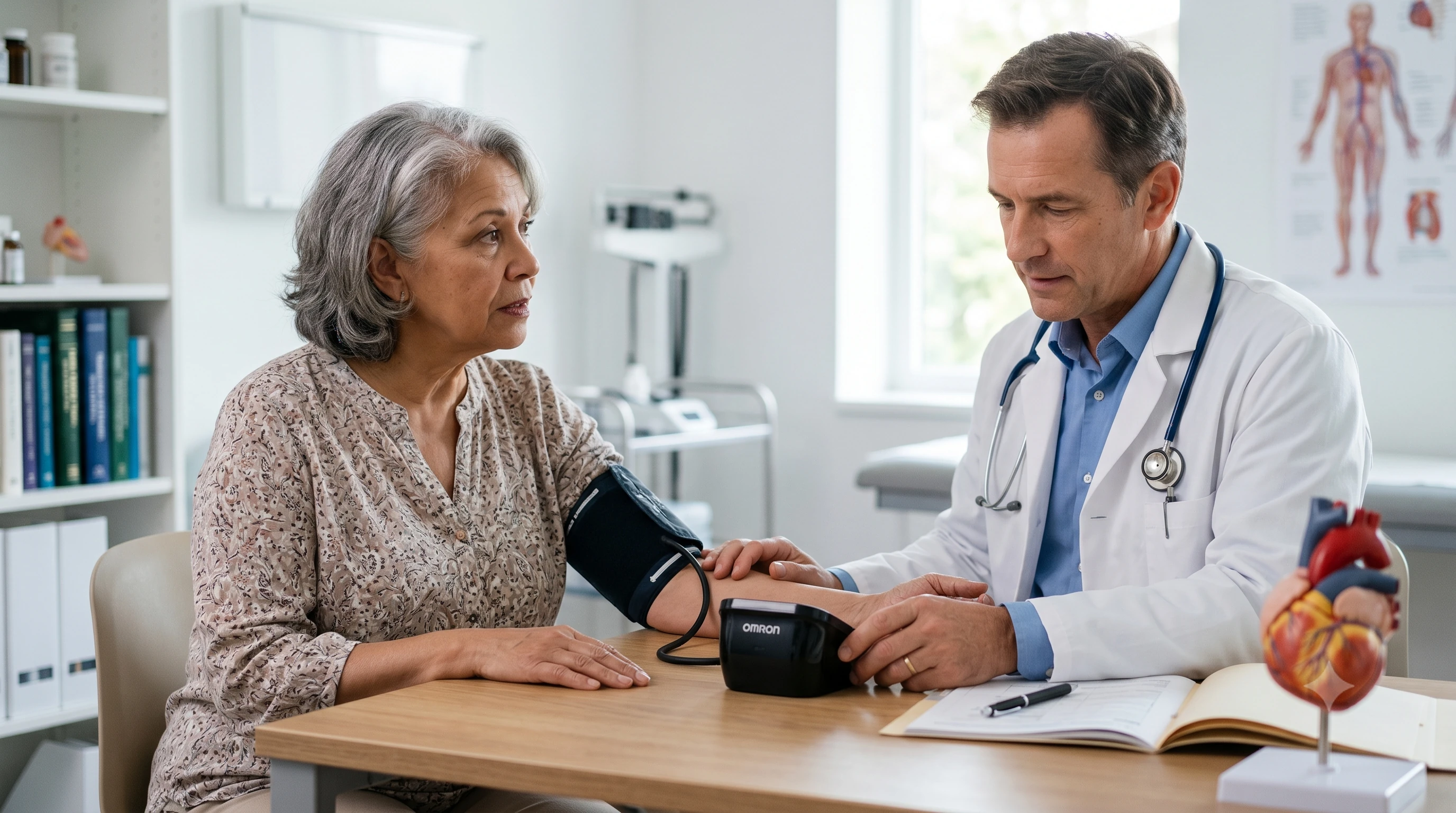 Médico cardiologista avaliando paciente para pressão arterial